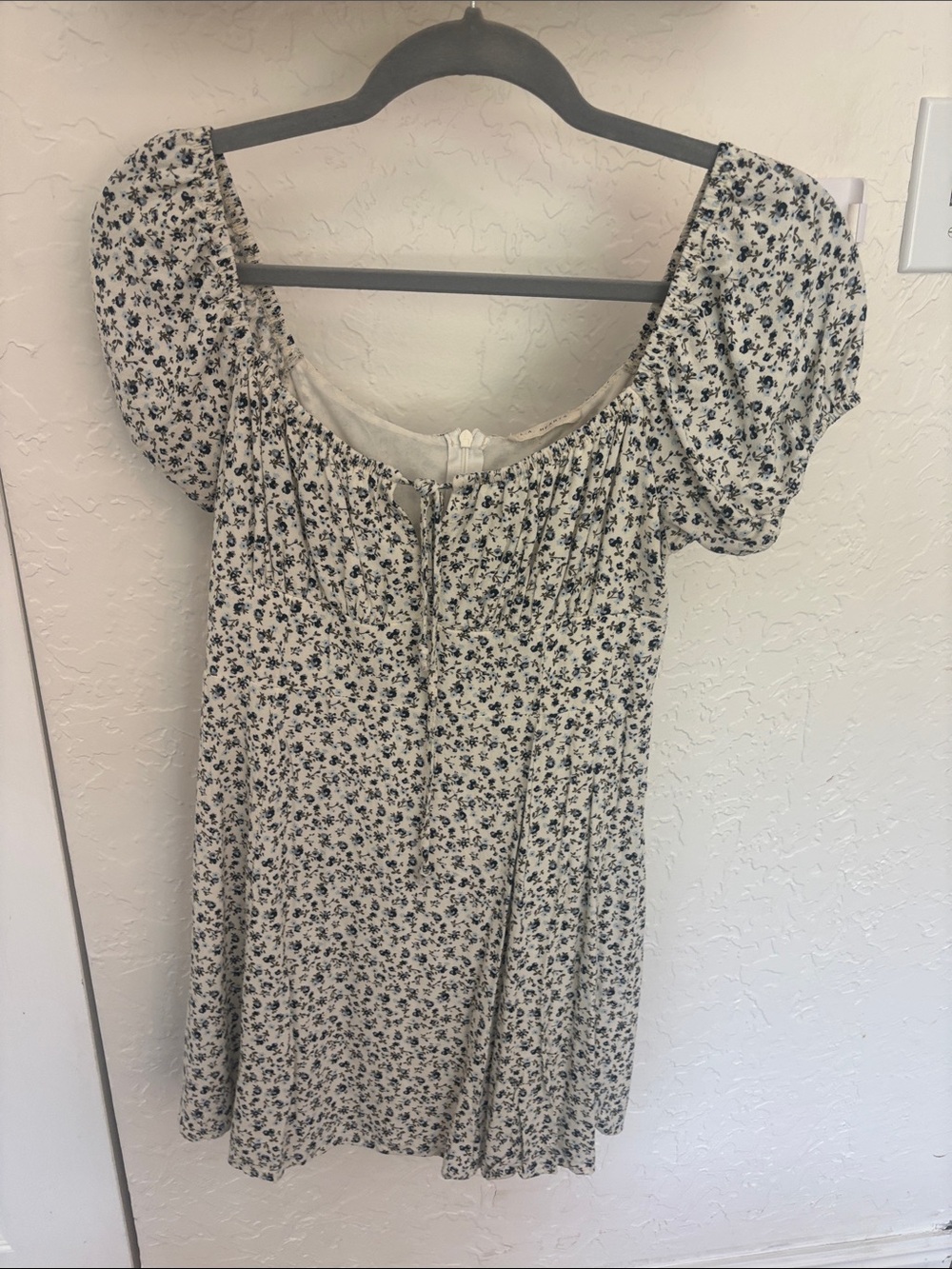Floral Puff-Sleeve Mini Dress in White with Blue Flowers